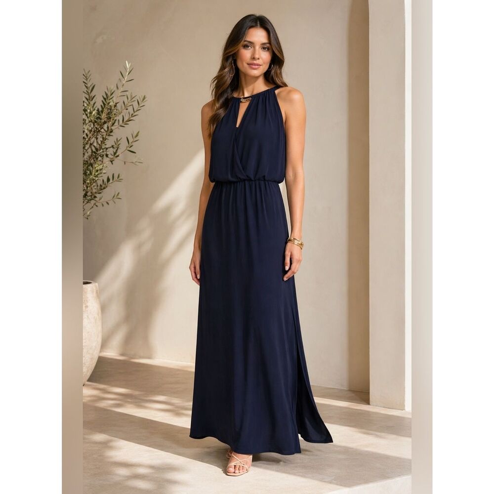 Chaps Keyhole Blue Maxi Dress Gown with Gold Chain Detail size S